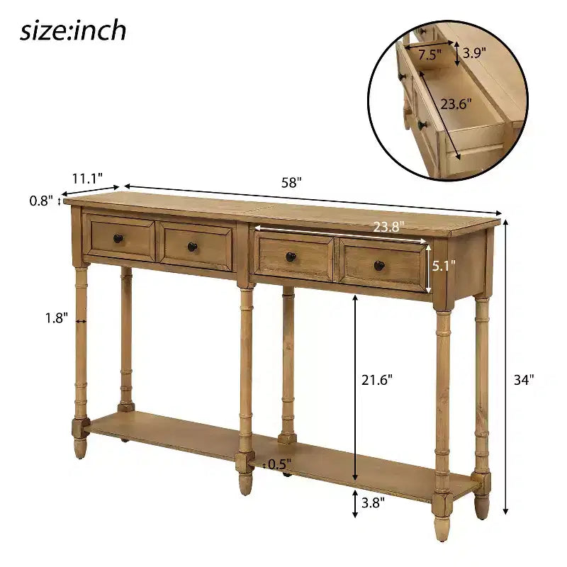TUYOHW Table console vintage 147 cm, table de canapé étroite avec 2 tiroirs de rangement et étagère inférieure, table d'entrée pour salon, couloir