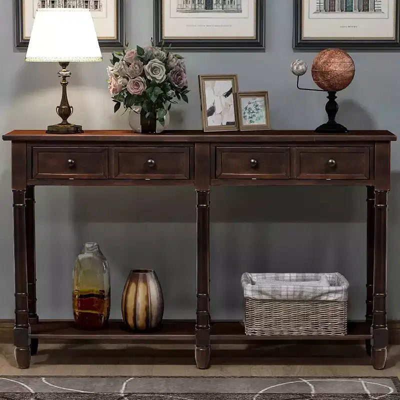 TUYOHW Table console vintage 147 cm, table de canapé étroite avec 2 tiroirs de rangement et étagère inférieure, table d'entrée pour salon, couloir