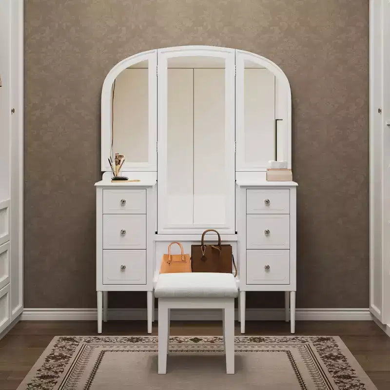 Okak Makeup Vanity with Full Length Mirror, Dressing Table with Stool and 6 Drawers, Makeup Desk for Living Room, Dressing Room, White
