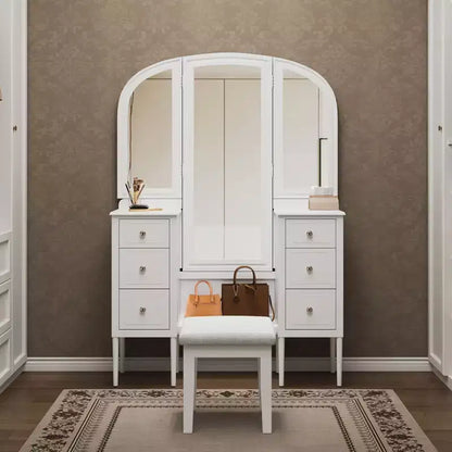 Okak Makeup Vanity with Full Length Mirror, Dressing Table with Stool and 6 Drawers, Makeup Desk for Living Room, Dressing Room, White