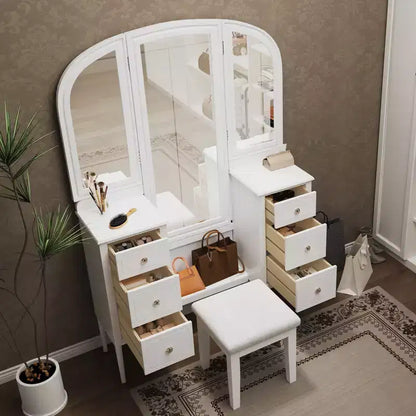 Coiffeuse Okak avec miroir pleine longueur, table de maquillage avec tabouret et 6 tiroirs, bureau de maquillage pour salon, dressing, blanc