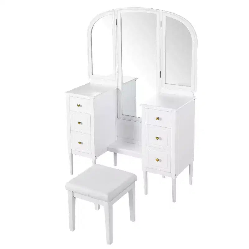 Coiffeuse Okak avec miroir pleine longueur, table de maquillage avec tabouret et 6 tiroirs, bureau de maquillage pour salon, dressing, blanc