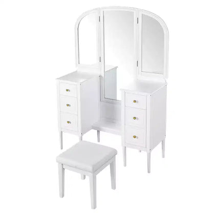 Coiffeuse Okak avec miroir pleine longueur, table de maquillage avec tabouret et 6 tiroirs, bureau de maquillage pour salon, dressing, blanc