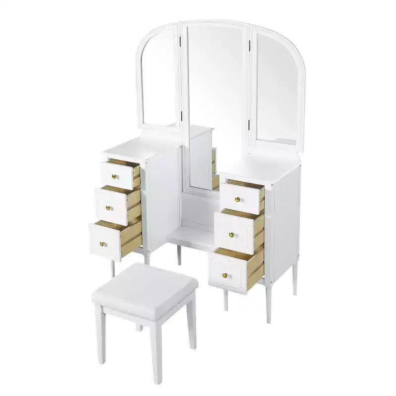 Coiffeuse Okak avec miroir pleine longueur, table de maquillage avec tabouret et 6 tiroirs, bureau de maquillage pour salon, dressing, blanc