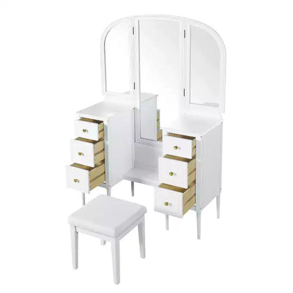 Coiffeuse Okak avec miroir pleine longueur, table de maquillage avec tabouret et 6 tiroirs, bureau de maquillage pour salon, dressing, blanc
