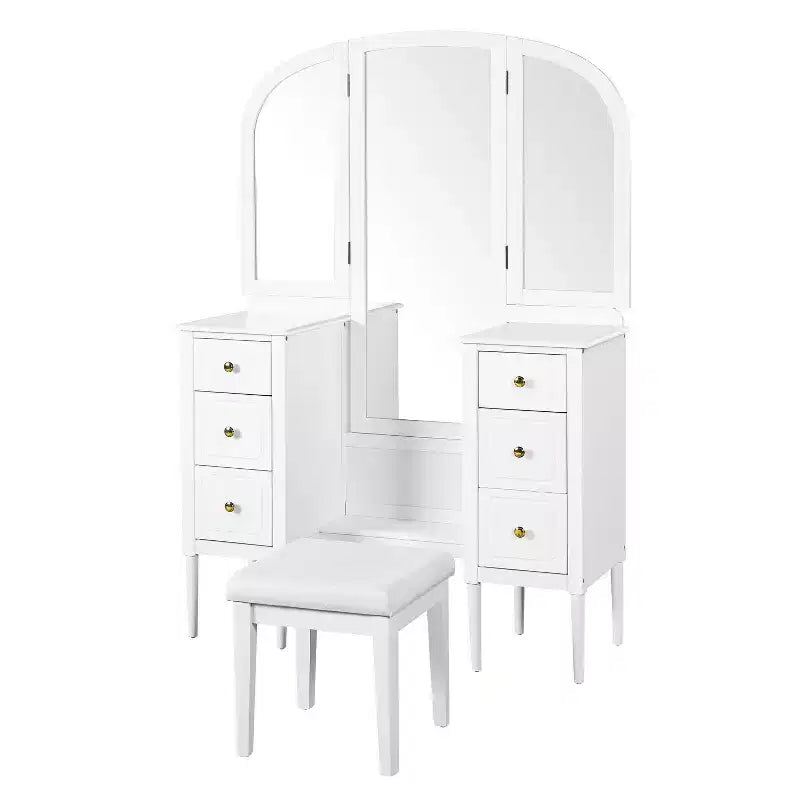 Coiffeuse Okak avec miroir pleine longueur, table de maquillage avec tabouret et 6 tiroirs, bureau de maquillage pour salon, dressing, blanc