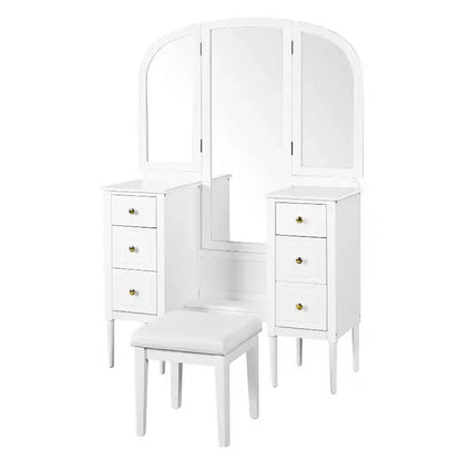 Coiffeuse Okak avec miroir pleine longueur, table de maquillage avec tabouret et 6 tiroirs, bureau de maquillage pour salon, dressing, blanc