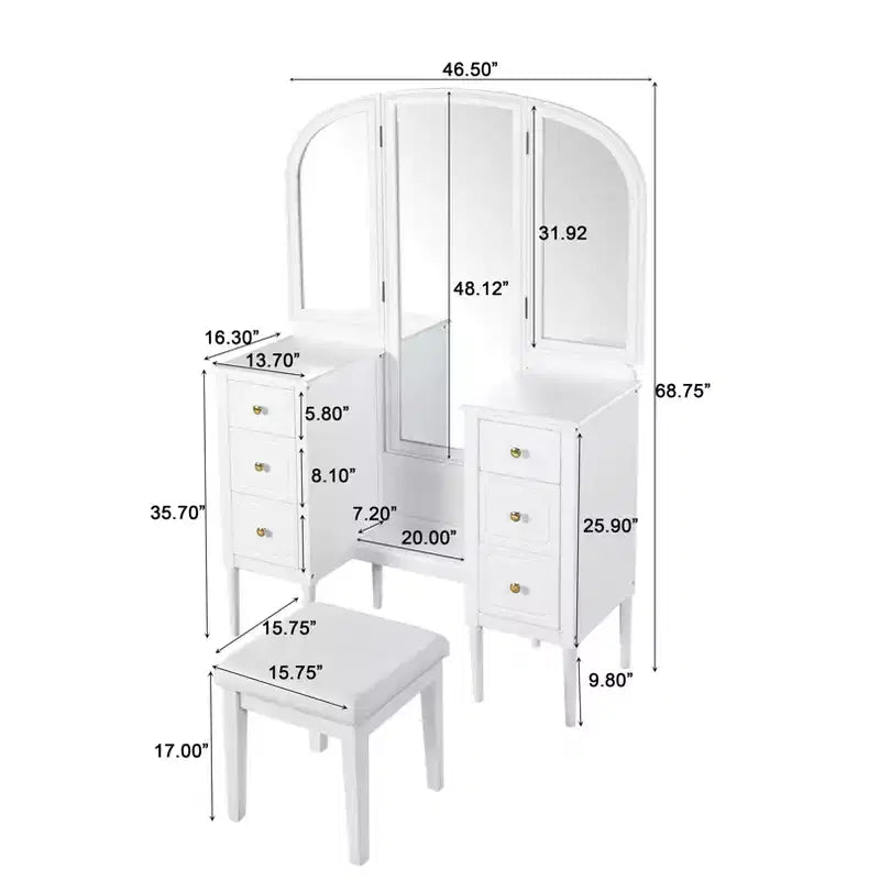 Coiffeuse Okak avec miroir pleine longueur, table de maquillage avec tabouret et 6 tiroirs, bureau de maquillage pour salon, dressing, blanc