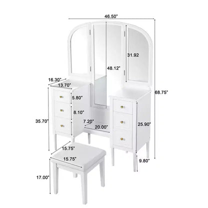 Coiffeuse Okak avec miroir pleine longueur, table de maquillage avec tabouret et 6 tiroirs, bureau de maquillage pour salon, dressing, blanc