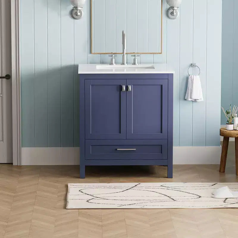 30 Bathroom Vanity with Sink, Freestanding Double Door Cabinet with 1 Drawer and Solid Surface Top, Fully Assembled for Home Apartment