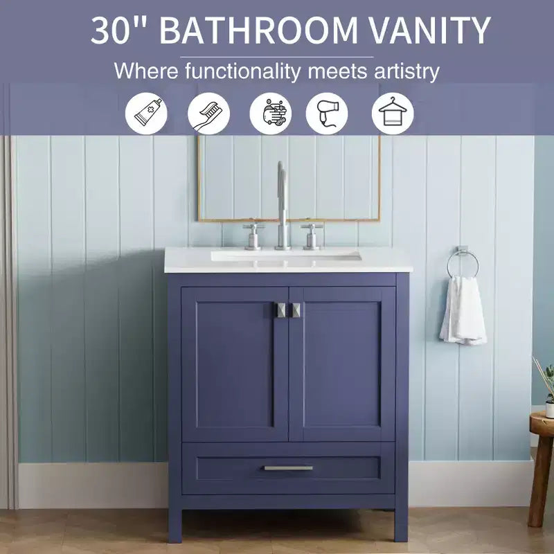 Meuble-lavabo de salle de bain de 76 cm avec évier, armoire autoportante à double porte avec 1 tiroir et plan de travail en surface solide, entièrement assemblé pour la maison ou l'appartement
