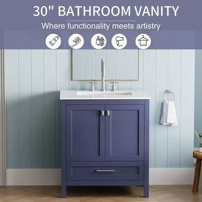 Meuble-lavabo de salle de bain de 76 cm avec évier, armoire autoportante à double porte avec 1 tiroir et plan de travail en surface solide, entièrement assemblé pour la maison ou l'appartement