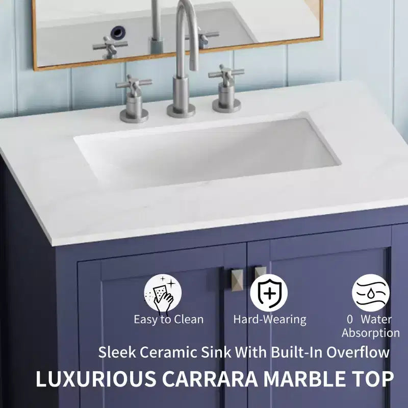 Meuble-lavabo de salle de bain de 76 cm avec évier, armoire autoportante à double porte avec 1 tiroir et plan de travail en surface solide, entièrement assemblé pour la maison ou l'appartement