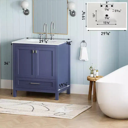 Meuble-lavabo de salle de bain de 76 cm avec évier, armoire autoportante à double porte avec 1 tiroir et plan de travail en surface solide, entièrement assemblé pour la maison ou l'appartement