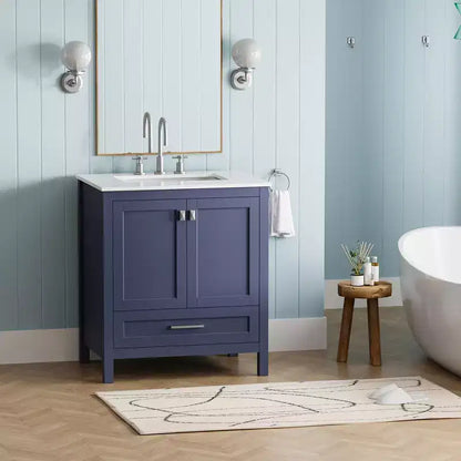 Meuble-lavabo de salle de bain de 76 cm avec évier, armoire autoportante à double porte avec 1 tiroir et plan de travail en surface solide, entièrement assemblé pour la maison ou l'appartement