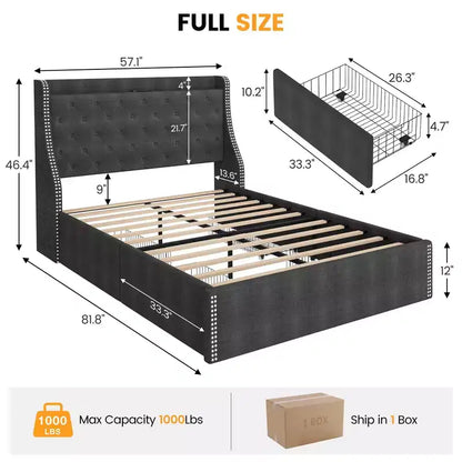 Cadre de lit plateforme capitonné Grand lit/Très grand lit avec tête de lit de chargement et 4 tiroirs de rangement - Tissu en lin avec garniture cloutée