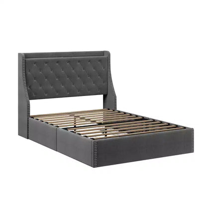 Cadre de lit plateforme capitonné Grand lit/Très grand lit avec tête de lit de chargement et 4 tiroirs de rangement - Tissu en lin avec garniture cloutée
