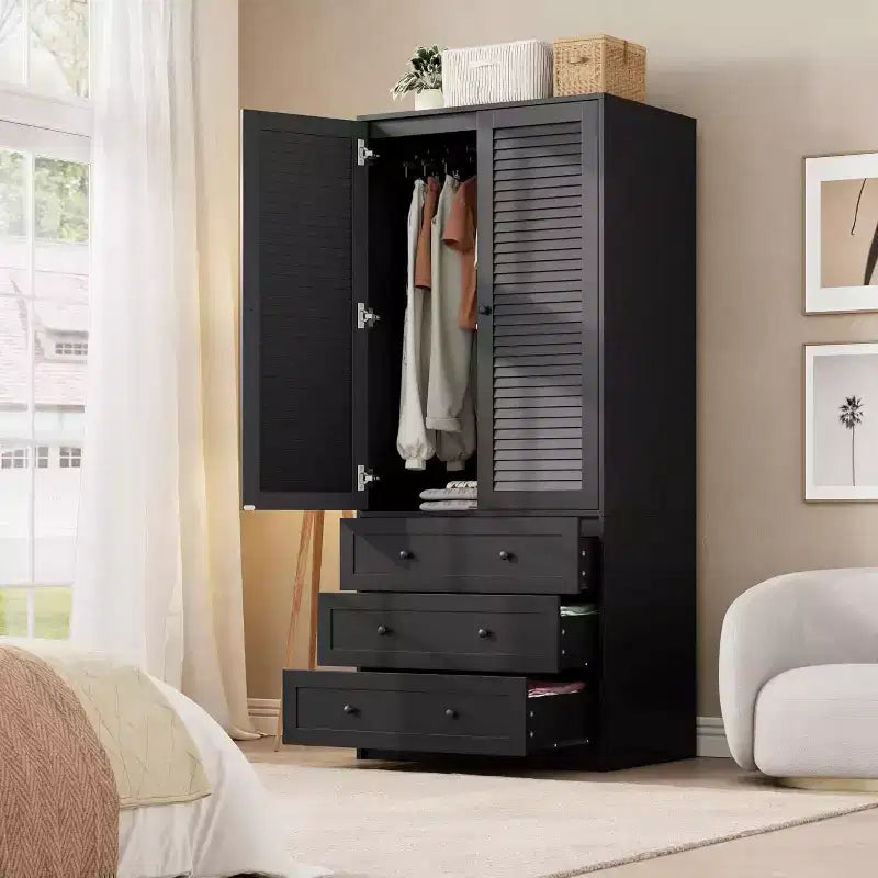 Shutter Door Wardrobe | Black PB + MDF + Melamine + Paper | For Bedroom, Guest Room