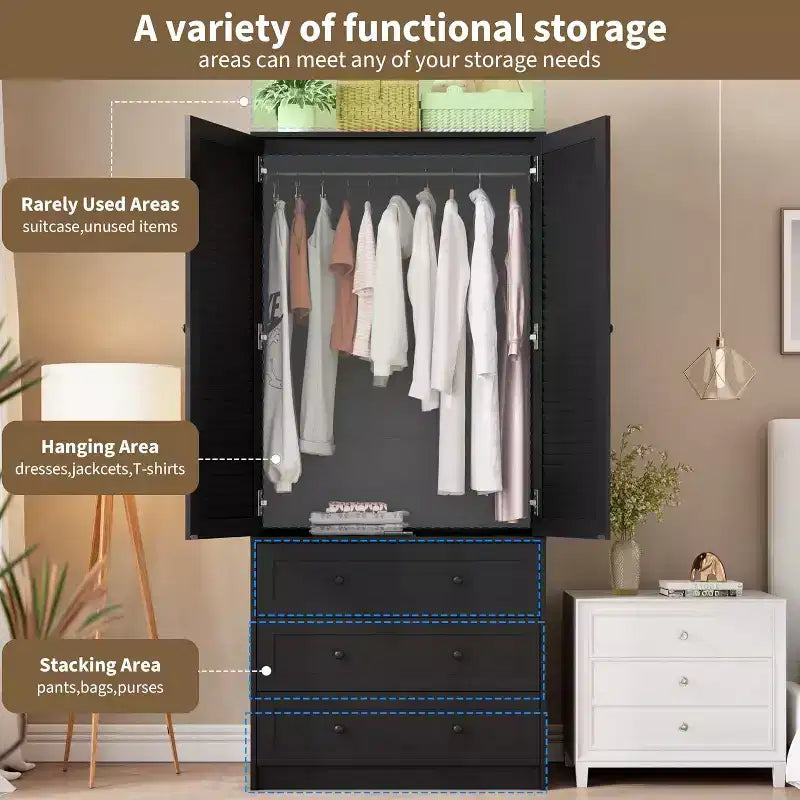 Armoire à portes persiennes | PB noir + MDF + Mélaminé + Papier | Pour Chambre à coucher, Chambre d'amis