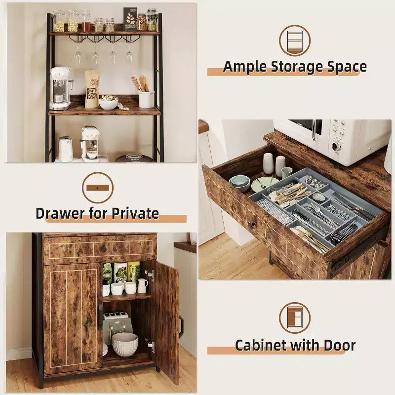 Étagère de boulanger avec tiroir de 180 cm de haut, étagère de boulanger avec armoire, support de micro-ondes, meuble bar haut, meuble de cuisine industriel avec tiroir