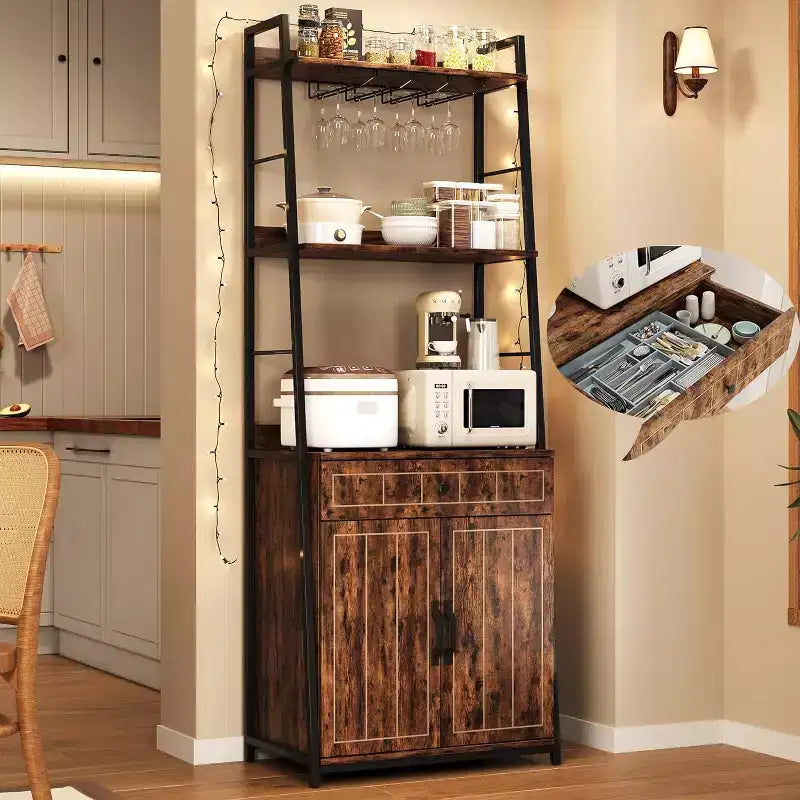 Étagère de boulanger avec tiroir de 180 cm de haut, étagère de boulanger avec armoire, support de micro-ondes, meuble bar haut, meuble de cuisine industriel avec tiroir