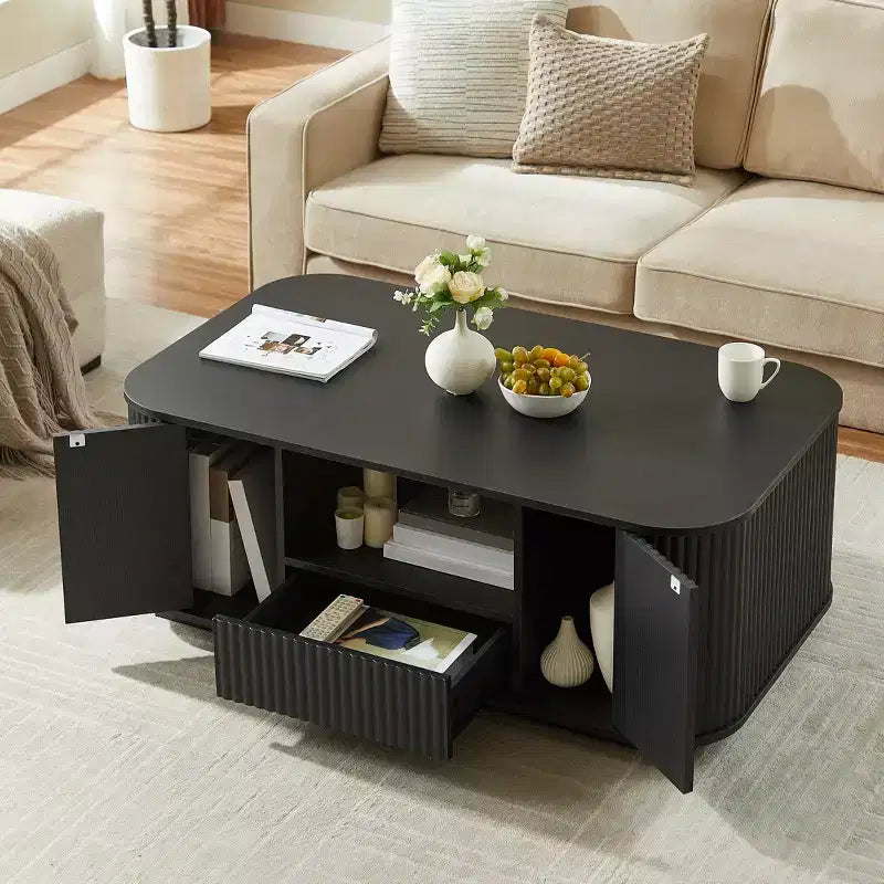 Table basse ovale, 118 cm, luxe moderne avec tiroirs et rangement, silhouette incurvée, pour salon ou bureau