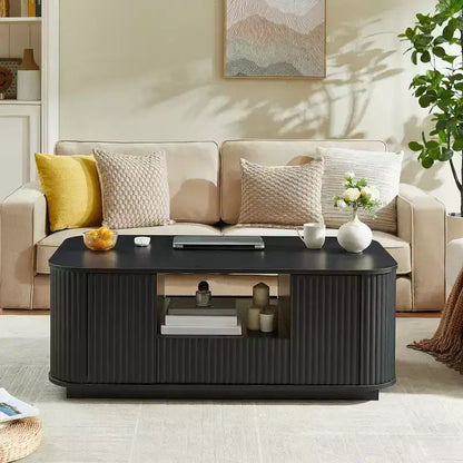 Table basse ovale, 118 cm, luxe moderne avec tiroirs et rangement, silhouette incurvée, pour salon ou bureau
