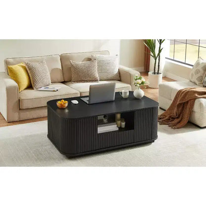Table basse ovale, 118 cm, luxe moderne avec tiroirs et rangement, silhouette incurvée, pour salon ou bureau