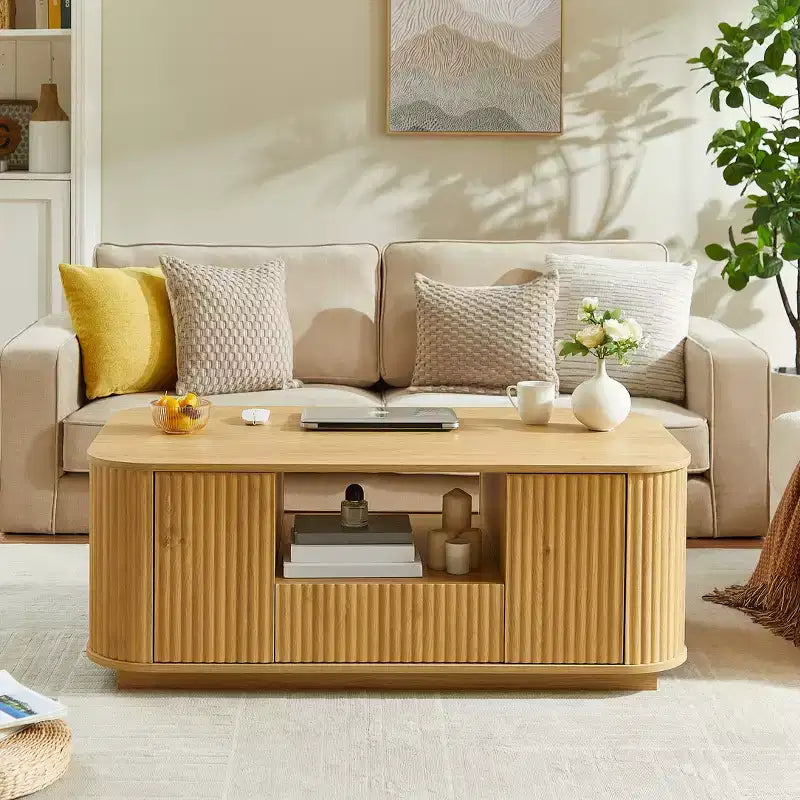 Table basse ovale, 118 cm, luxe moderne avec tiroirs et rangement, silhouette incurvée, pour salon ou bureau