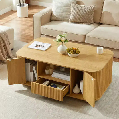 Table basse ovale, 118 cm, luxe moderne avec tiroirs et rangement, silhouette incurvée, pour salon ou bureau