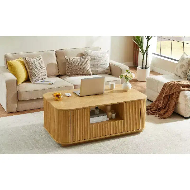 Table basse ovale, 118 cm, luxe moderne avec tiroirs et rangement, silhouette incurvée, pour salon ou bureau