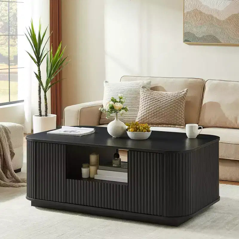 Table basse ovale, 118 cm, luxe moderne avec tiroirs et rangement, silhouette incurvée, pour salon ou bureau