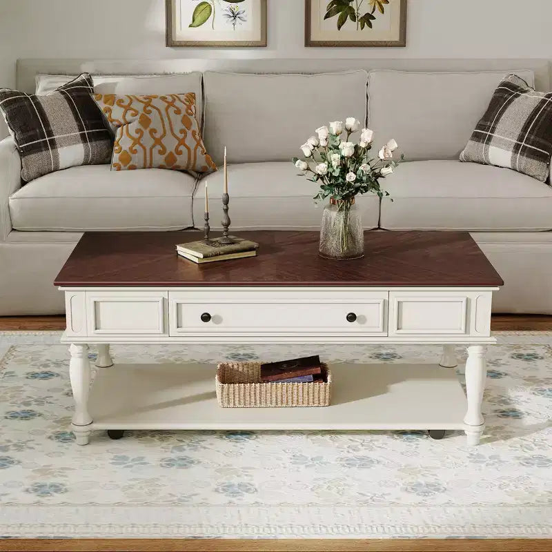 Table basse vintage, 1 tiroir, montage facile, table centrale rectangulaire mobile avec roulettes verrouillables, en bois de style campagnard pour salon