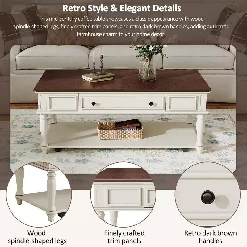 Table basse vintage, 1 tiroir, montage facile, table centrale rectangulaire mobile avec roulettes verrouillables, en bois de style campagnard pour salon