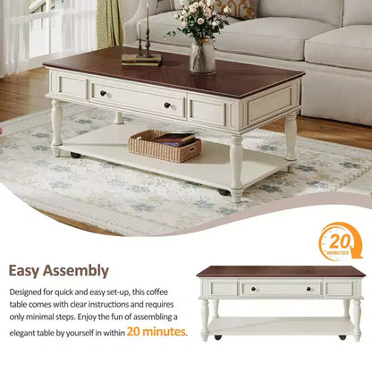 Table basse vintage, 1 tiroir, montage facile, table centrale rectangulaire mobile avec roulettes verrouillables, en bois de style campagnard pour salon