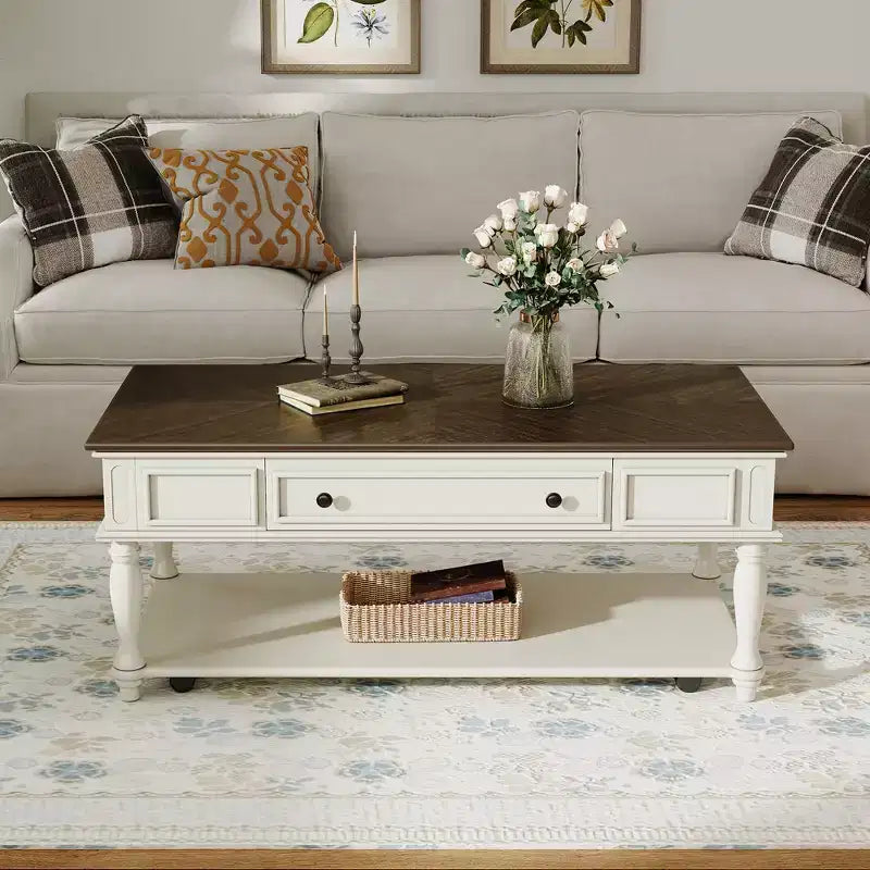 Table basse vintage, 1 tiroir, montage facile, table centrale rectangulaire mobile avec roulettes verrouillables, en bois de style campagnard pour salon