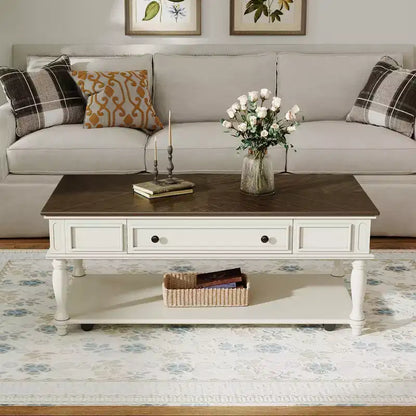 Table basse vintage, 1 tiroir, montage facile, table centrale rectangulaire mobile avec roulettes verrouillables, en bois de style campagnard pour salon