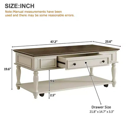 Table basse vintage, 1 tiroir, montage facile, table centrale rectangulaire mobile avec roulettes verrouillables, en bois de style campagnard pour salon
