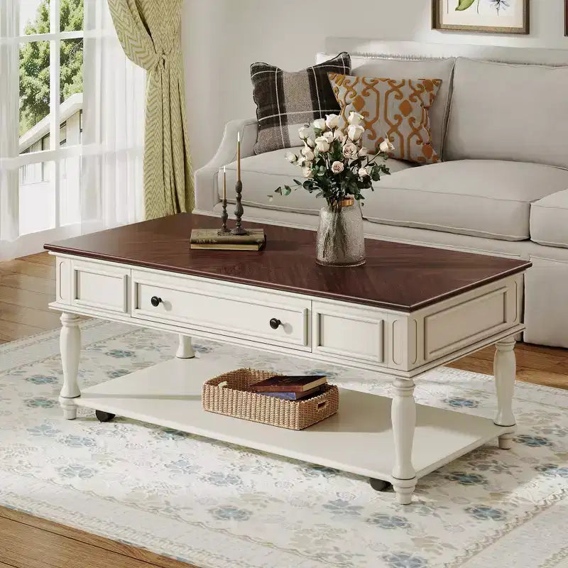 Table basse vintage, 1 tiroir, montage facile, table centrale rectangulaire mobile avec roulettes verrouillables, en bois de style campagnard pour salon