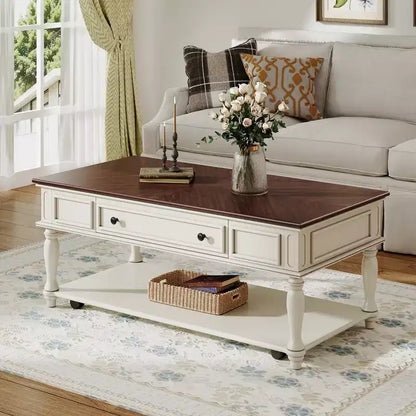 Table basse vintage, 1 tiroir, montage facile, table centrale rectangulaire mobile avec roulettes verrouillables, en bois de style campagnard pour salon