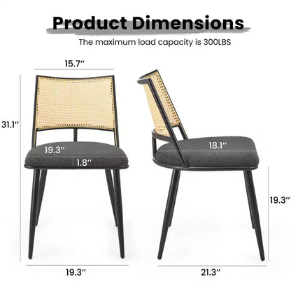 TUYOHW Lot de 2 chaises de salle à manger à cadre métallique avec dossier en rotin, chaises de cuisine et salle à manger Boucle avec pieds réglables pour salon