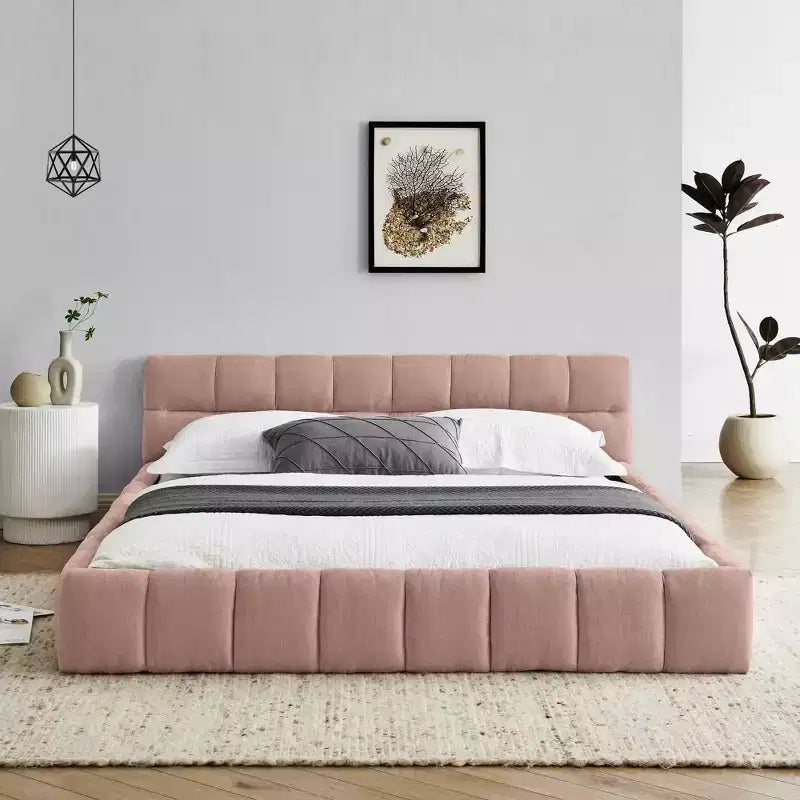 MAYEERTY Queen Size Upholstered Bed Frame with Thick Fabric with Headboard Solid Frame for Bedroom Pink