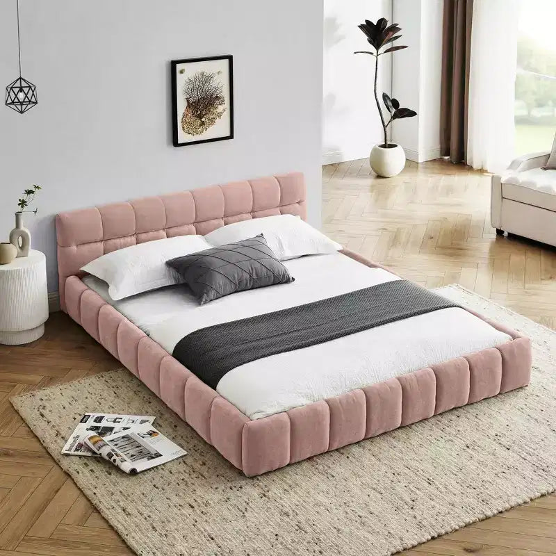 MAYEERTY Cadre de lit rembourré grand format avec tissu épais et tête de lit Cadre solide pour chambre à coucher Rose