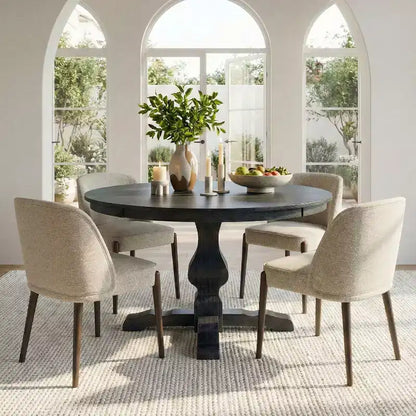 5-Piece Modern Dining Room Set for 4, Charcoal Round Table with 4 Upholstered Dining Chairs with Wood Legs for Dining Room or Farmhouse-Panipeachy