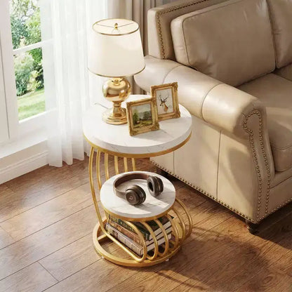 MAYEERTY 2-Tier Round End Table, Faux Marble Side Table with Storage Shelf