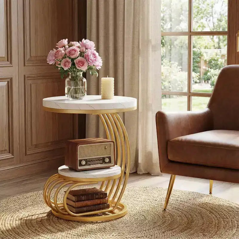 Table d'appoint ronde MAYEERTY à 2 niveaux, table basse en faux marbre avec étagère de rangement