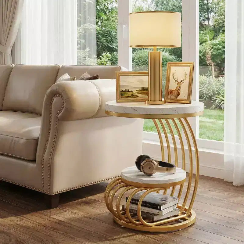 Table d'appoint ronde MAYEERTY à 2 niveaux, table basse en faux marbre avec étagère de rangement