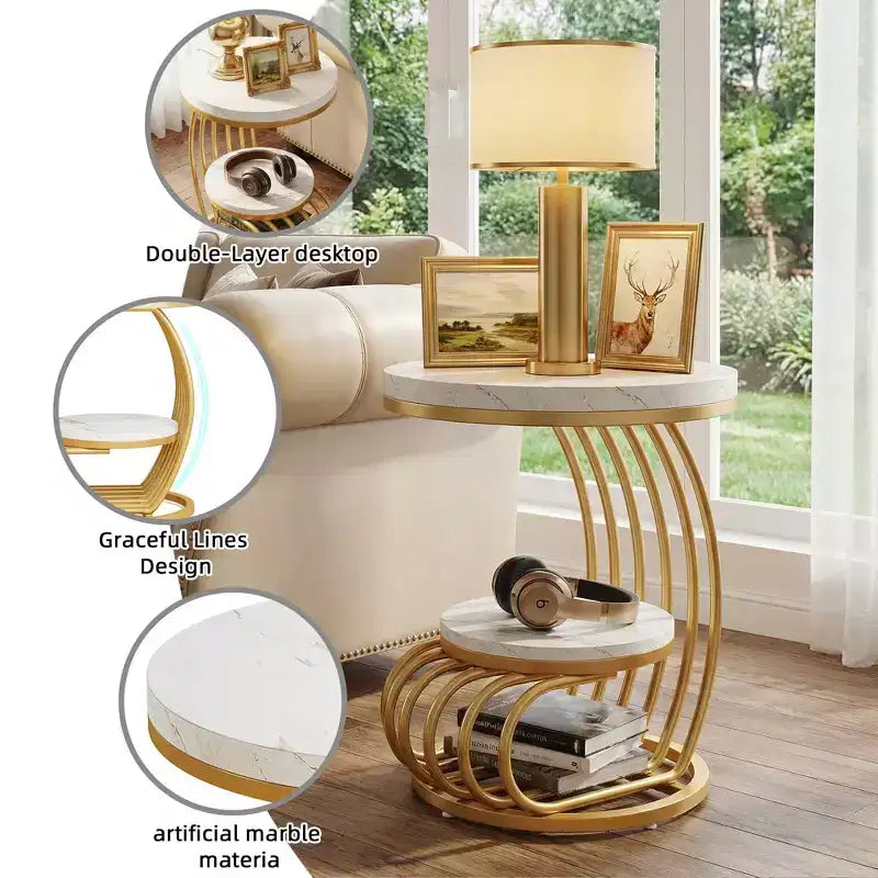 Table d'appoint ronde MAYEERTY à 2 niveaux, table basse en faux marbre avec étagère de rangement