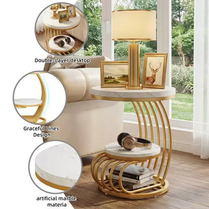 Table d'appoint ronde MAYEERTY à 2 niveaux, table basse en faux marbre avec étagère de rangement