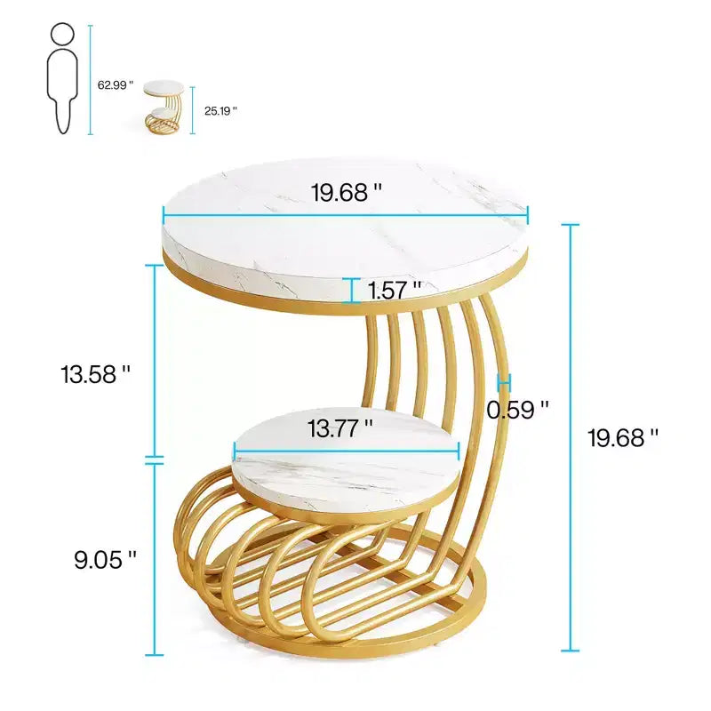 Table d'appoint ronde MAYEERTY à 2 niveaux, table basse en faux marbre avec étagère de rangement